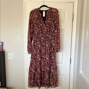 LOFT Red and Cream V-Neck Bishop Sleeve Dress
